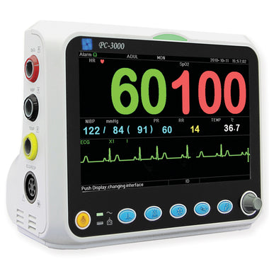 Monitor paziente multiparametrico PC-3000 per adulti e bambini. Monitora ECG, RESP, SpO₂, NIBP, temperatura e polso. Display 7” TFT a colori.
