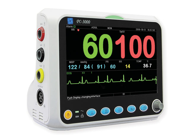 Monitor paziente multiparametrico PC-3000 per adulti e bambini. Monitora ECG, RESP, SpO₂, NIBP, temperatura e polso. Display 7” TFT a colori.