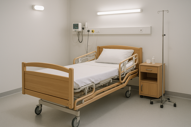 LETTO OSPEDALIERO IN LEGNO IN UNA STANZA DA DEGENZA 